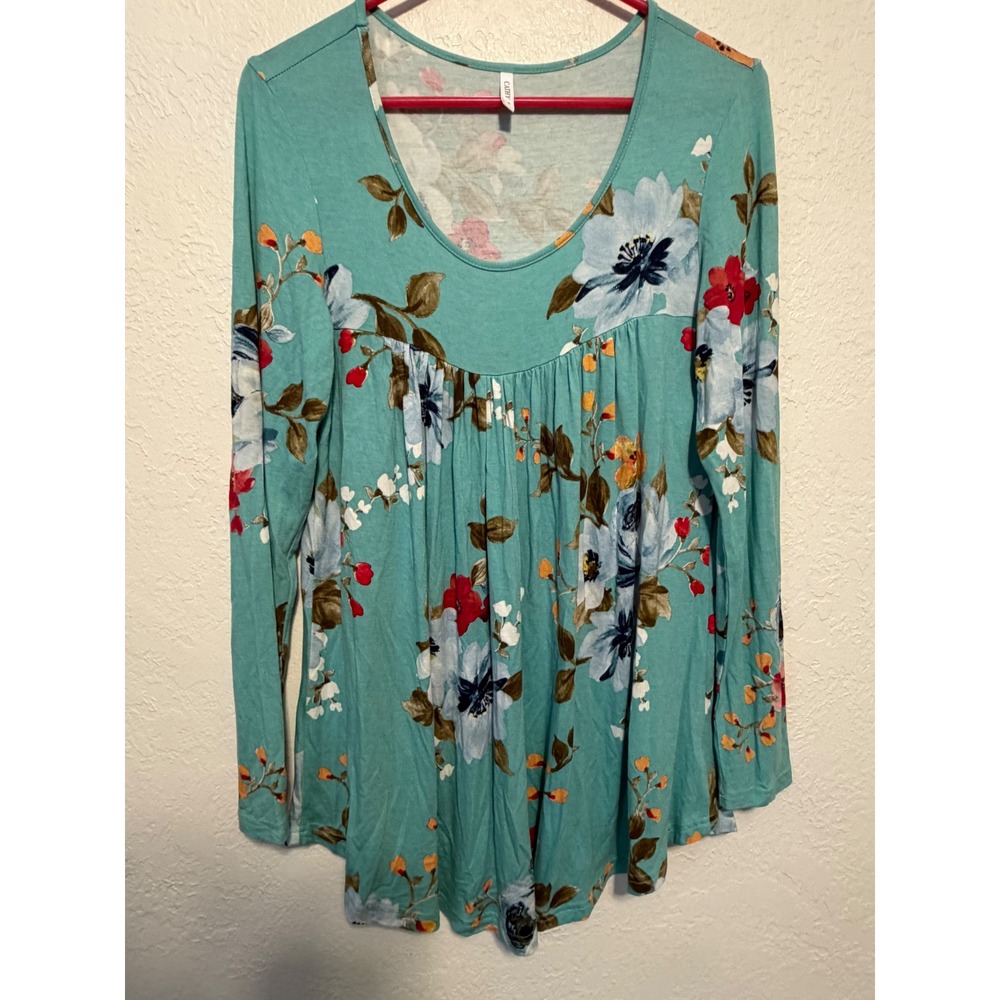 Cathy Teal Floral Empire Waist Tunic Top Long Sleeve Babydoll Blouse Medium